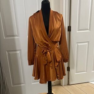 JLUXLABEL Long Sleeve Wrap Dress in Rust Brown